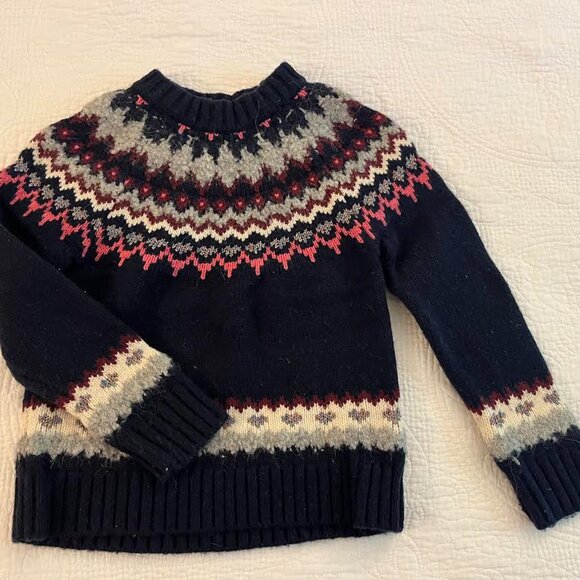 Girls' crewneck Fair Isle wool blend sweater navy & pink 4-5 yrs - Picture 2 of 4